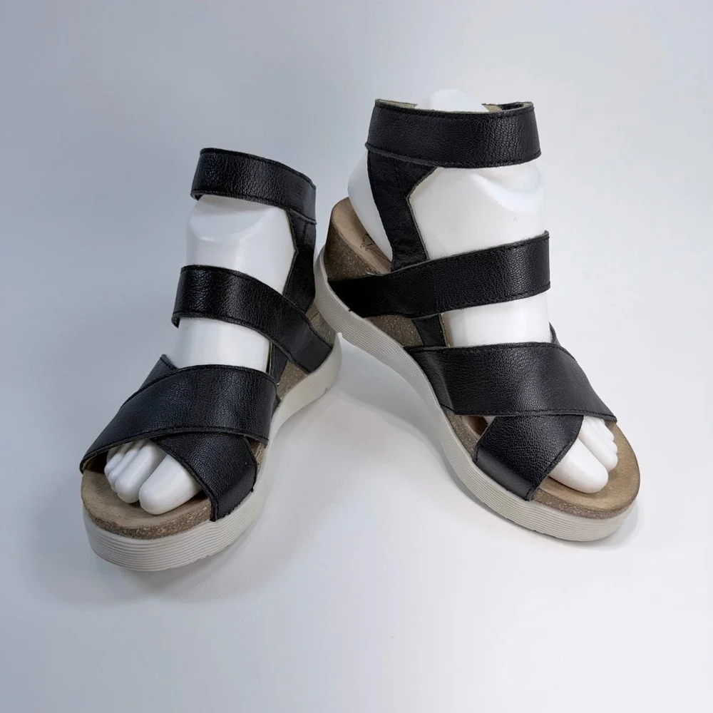 Fly London Black Wege669Fly Leather Wedge Hook & Loop Platform Sandals Womens 37